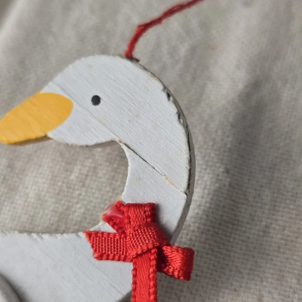 Vintage Small Christmas Mobile Wood Geese And Felt Boys Riding Goose.